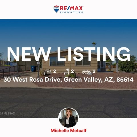 City, Street, Hotel. Text: RE/MAX SIGNATURE NEW LISTING 2 2 2 30 West Rosa Drive, Green Valley, AZ, 85614 25 MLSSAZ Michelle Metcalf