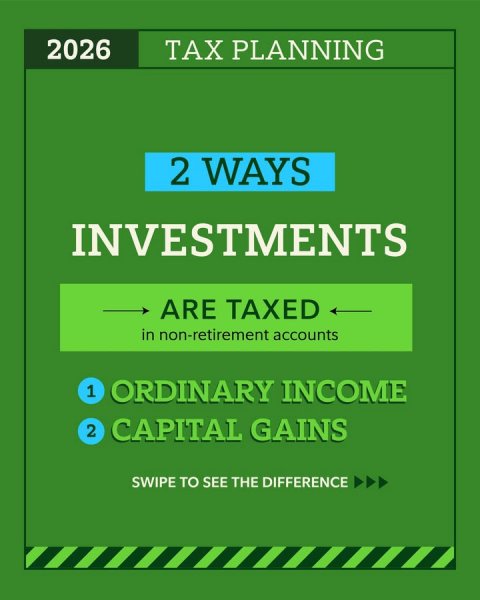 Advertisement, Poster, Text. Text: 2026 TAX PLANNING 2 WAYS INVESTMENTS ARE TAXED in non-retirement accounts 1 ORDINARY INCOME 2 CAPITAL GAINS SWIPE TO SEE THE DIFFERENCE