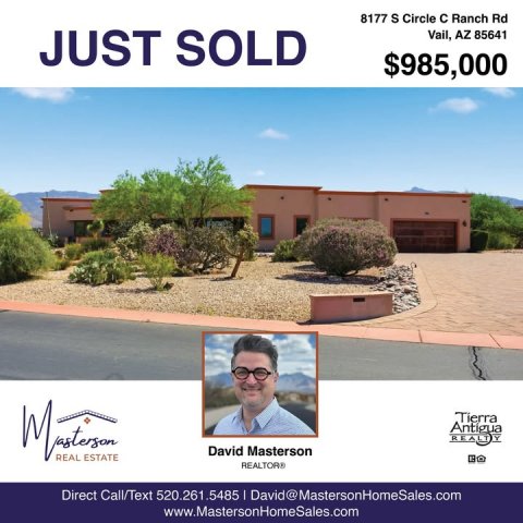 Villa, Advertisement, Glasses. Text: 8177 S Circle с Ranch Rd JUST SOLD Vail, AZ 85641 $985,000 Tierra David Masterson REAL ESTATE Direct Call/Text 520.261.5485 I David@MastersonHomeSales.com www.MastersonHomeSales.com