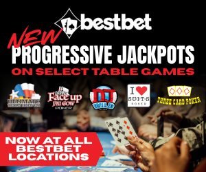 Baby, Person, Game. Text: bestbet NEW PROGRESSIVE JACKPOTS ON SELECT TABLE GAMES I Face up THREE CARD POKER PAI GOW NOW AT ALL BESTBET LOCATIONS
