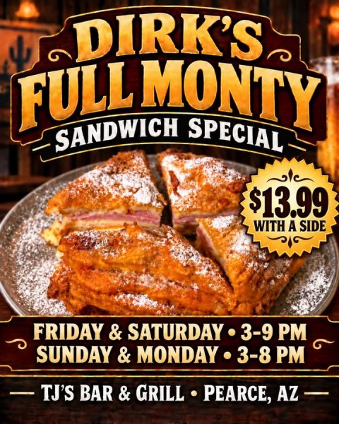 Advertisement, Poster, Pork. Text: DIRK'S FULL MONTY SANDWICH SPECIAL $13.99 WITH A SIDE SUNDAY &amp; MONDAY 3-8 PM