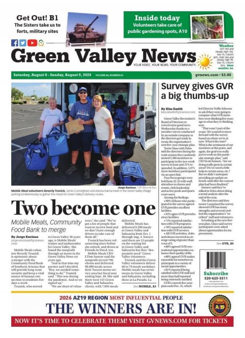 Newspaper, Person, Handbag. Text: Get Out! B1 Inside today The Sisters take us to Volunteers take care of forts, military sites public gardening spots, A10 f Weather Green Valley YOUR News VOICE YOUR NEWS YOUR COMMUNITY Saturday, August &amp; Sunday, August 9, 2026 Survey gives GVR a big thumbs-up By Kim Smith