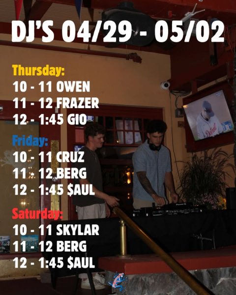 Adult, Man, Person. Text: Thursday: 10-11 OWEN Friday: 11 12 BERG Saturdays 11-12 BERG