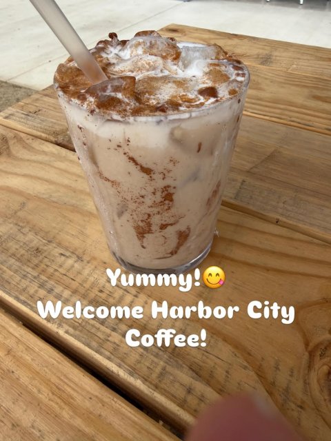 Milk, Juice, Smoothie. Text: Yummy! Welcome Harbor City Coffee!