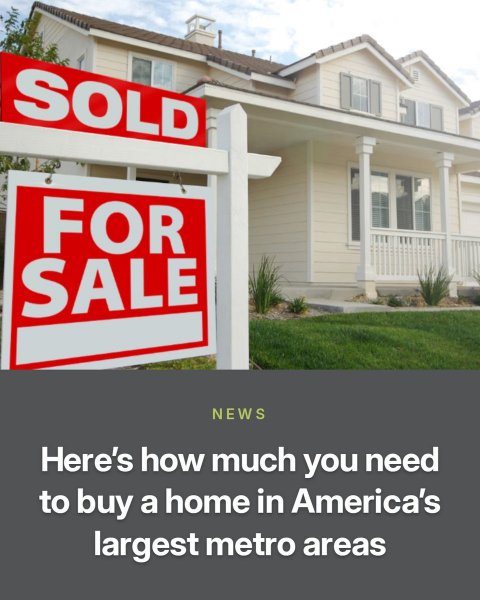 Neighborhood, Hotel, Housing. Text: SOLD FOR SALE NEWS Here's how much you need to buy a home in America's largest metro areas