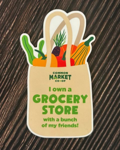 Advertisement, Poster, Bag. Text: COMMON MARKET CO+OP I own a GROCERY STORE with a bunch of my friends!