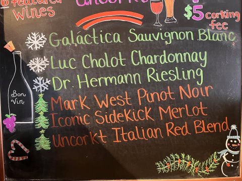 Blackboard, Text. Text: Galáctica Sauvignon Blanc fee Luc Cholot Chardonnay Dr. Hermann Riesling Bon Vin Mark West Pinot Noir Iconic SideKick MerLot Uncorkt Italian Red Blend