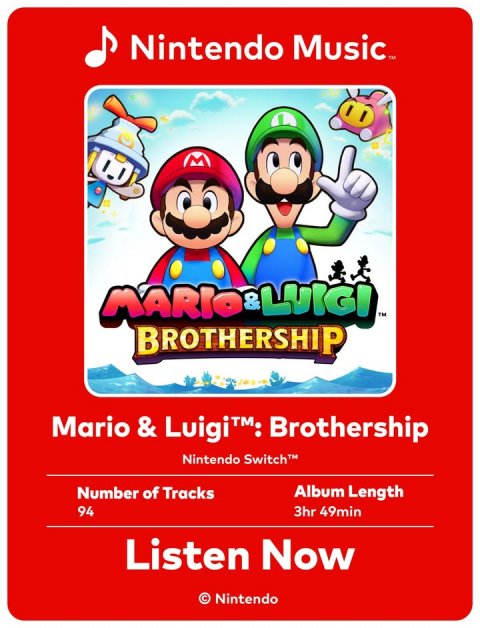 Advertisement, Poster, Person. Text: Nintendo Music™ BROTHERSHIP Nintendo Switch™ Number of Tracks Album Length 94 3hr 49min Listen Now © Nintendo