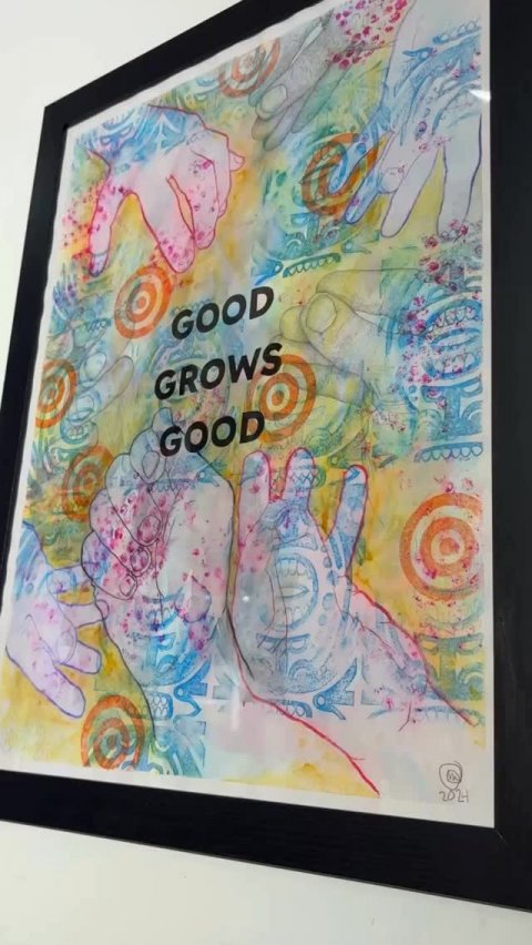 Painting, Photo Frame, Person. Text: GOOD GROWS GOOD