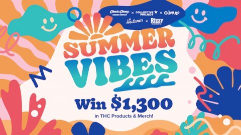 Advertisement, Poster, Ketchup. Text: x COLLECTIVE - - PROJECT SUMMER VIBES Win $1,300 in THC Products &amp; Merch!