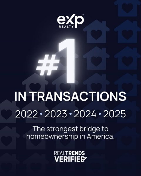 Advertisement, Poster, Scoreboard. Text: exp REALTY # 1 IN TRANSACTIONS 2022 2023 2024.2025 The strongest bridge to homeownership in America. REALTRENDS VERIFIED