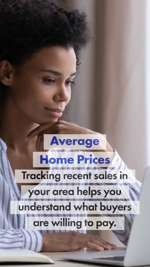 Advertisement, Person, Woman. Text: Average Home Prices Tracking recent sales in your area helps you understand what buyers are willing to pay.
