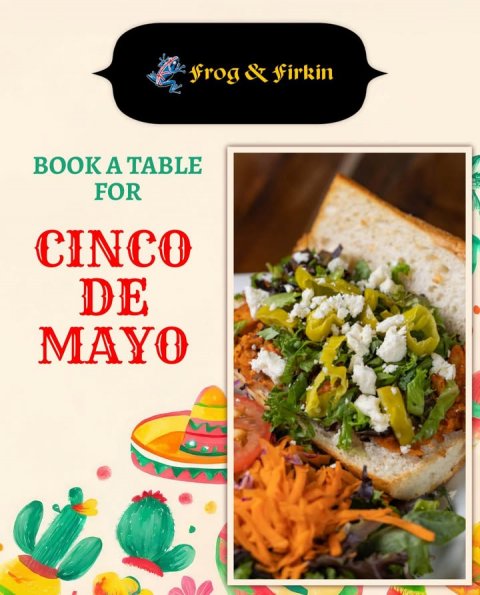 Lunch, Advertisement, Poster. Text: BOOK A TABLE FOR CINCO DE MAYO