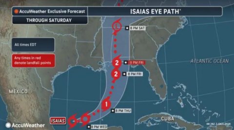 Land, Sea, Plot. Text: AccuWeather Exclusive Forecast ISAIAS EYE PATH' THROUGH SATURDAY All times EDT Any times in red ATLANTIC OCEAN 2 2 в PM FRI MEXICO 1 CUBA ISAIAS AccuWeather