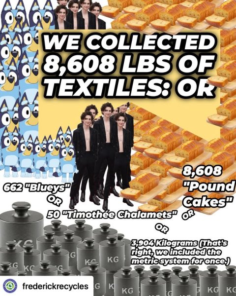 Advertisement, Poster, Person. Text: WE COLLECTED 8,608 LBS OF TEXTILES: OR 8,608 "Pound 662 "Blueys" Cakes" 50 "Timothée Chalamets" OR OR 3,904 Kilograms (That's right, we included the G KG metric system for once.) G frederickrecycles G KG KG KG
