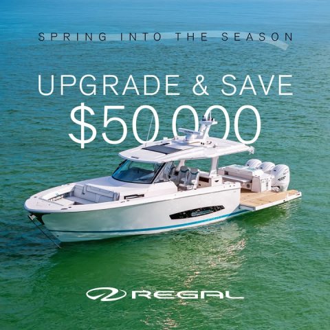 Vehicle, Yacht, Boat. Text: SPRING INTO THE SEASON UPGRADE &amp; SAVE REGAL