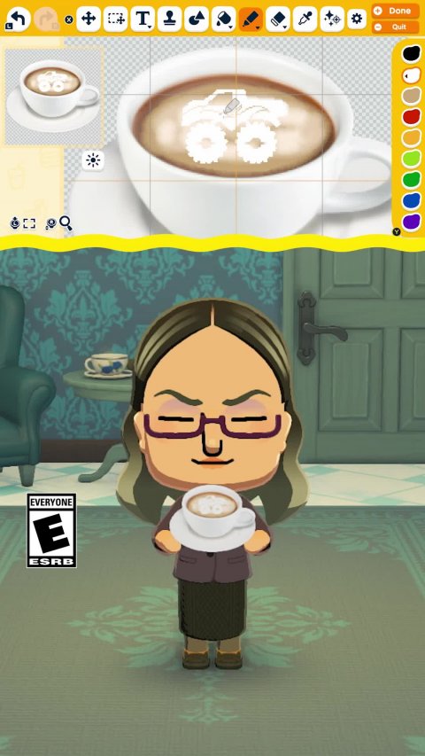 Cup, Coffee Cup, Latte. Text: + Done Quit Y EVERYONE E ESRB