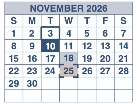 Scoreboard, Text, Calendar. Text: NOVEMBER 2026 S M T W T F S 1 2 3 4 5 6 7 8 9 10 11 12 13 14 18 15 16 17 19 20 21 22 23 24 25 26 27 28 29 30