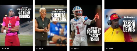 People, Person, Helmet. Text: ATHLETE IF THE WEEK Defender JAYDEN SHERITA ROBINS YATE Defender JACKSON L JASON 6 1 Defender LEWIS DONTREAL "PACO" FISHER 35.4K