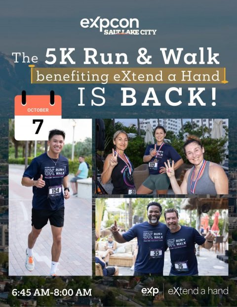T-Shirt, Person, Teen. Text: expcon SALT LAKE CITY The 5K Run &amp; Walk benefiting eXtend a Hand IS BACK! OCTOBER 7 ALK 113 5K 154 5K WALK RUN WALK 35 76 6:45 AM-8:00 AM eXtend a hand