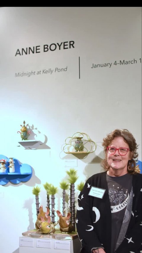 Potted Plant, Lady, Flower Arrangement. Text: ANNE BOYER January 4-March 1 Midnight at Kelly Pond