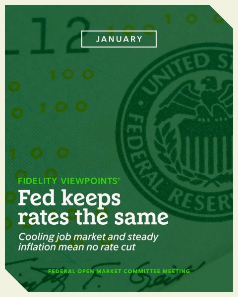 Advertisement, Poster, Can. Text: 12 JANUARY S 100 UNITED FEDERAL FIDELITY VIEWPOINTS® rates the same RESER Fed keeps Cooling job market and steady inflation mean no rate cut FEDERAL OPEN MARKET
