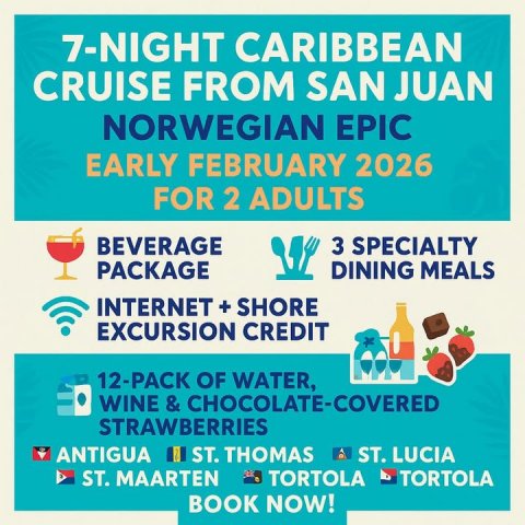 Advertisement, Poster, Business Card. Text: 7-NIGHT CARIBBEAN CRUISE FROM SAN JUAN NORWEGIAN EPIC EARLY FEBRUARY 2026 FOR 2 ADULTS BEVERAGE 3 SPECIALTY PACKAGE DINING MEALS INTERNET + SHORE EXCURSION CREDIT 12-PACK OF WATER, WINE &amp; CHOCOLATE-COVERED STRAWBERRIES ANTIGUA ST. THOMAS ST. LUCIA ST. MAARTEN TORTOLA TORTOLA BOOK NOW!