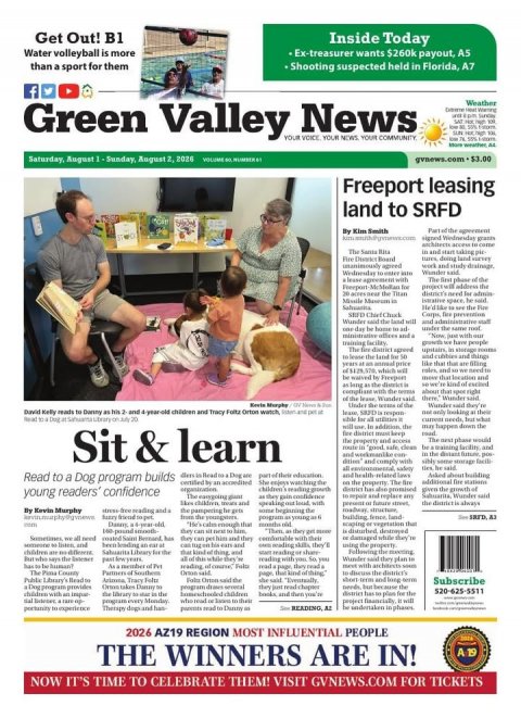 Newspaper, Man, Person. Text: Get Out! B1 Inside Today Water volleyball is more Ex-treasurer wants $260k payout, A5 than a sport for them Shooting suspected held in Florida, A7 f Weather Green Valley YOUR News VOICE COMMUNITY YOUR NEWS YOUR Freeport leasing land to SRFD By Kim Smith