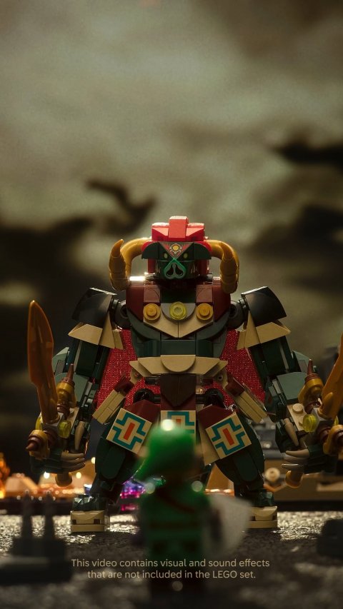 Person, Toy, Box. Text: This video contains visual and sound effects that are not included in the LEGO set.