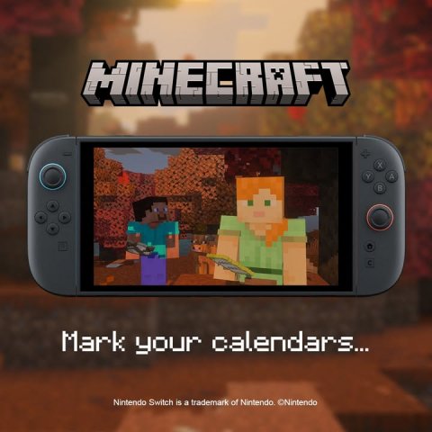 Electronics, Mobile Phone, Phone. Text: MINECRAFT A Mark your calendars... Nintendo Switch is a trademark of Nintendo. ©Nintendo