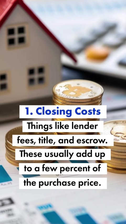 Coin, Money, Gambling. Text: 1. Closing Costs Things like lender fees, title, and escrow. These usually add up to a few percent of the purchase price.