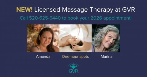 Baby, Person, People. Text: NEW! Licensed Massage Therapy at GVR Call 520-625-6440 to book your 2026 appointment! Amanda One-hour spots Marina GVR