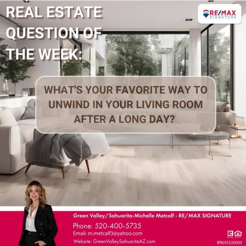 Living Room, Advertisement, Couch. Text: REAL ESTATE RE/MAX SIGNATURE QUESTION OF THE WEEK: WHAT'S YOUR FAVORITE WAY TO UNWIND IN YOUR LIVING ROOM AFTER A LONG DAY? Phone: 520-400-5735 Email: m.metcalf3@yahoo.com R Website: GreenValleySahuaritaAZ.com BR645330000