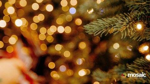 Tree, Christmas Decorations, Lighting. Text: mosaic