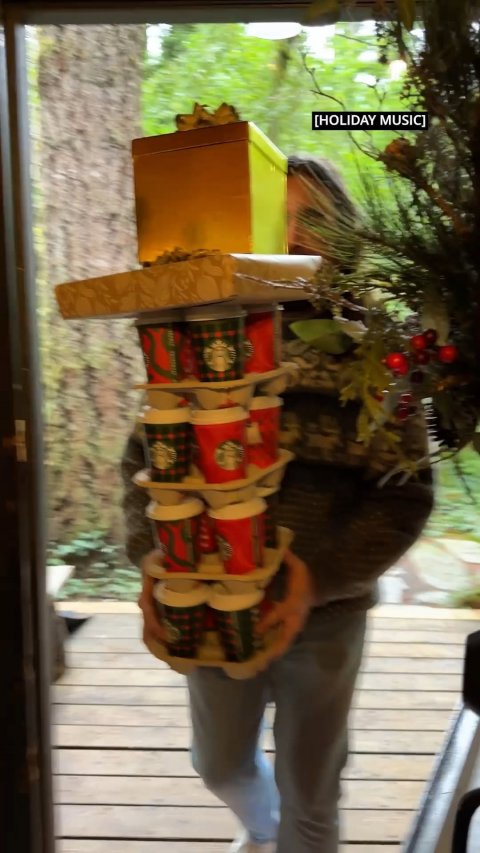 Potted Plant, Nutcracker, Person. Text: [HOLIDAY MUSIC]