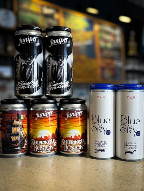 Tin, Beer, Can. Text: Juniper Juniper PEACH PEACH Juniper Juniper Blue Blue Sky Sky BOSTON BOSTON Juniper Juniper