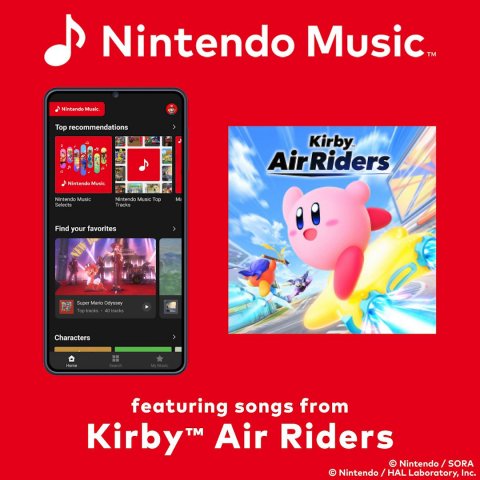 Phone, Mobile Phone, Advertisement. Text: Top recommendations Kirby Air Riders Find your favorites Characters featuring songs from Kirby™ Air Riders © Nintendo/SORA © Nintendo/HAL Laboratory, Inc.