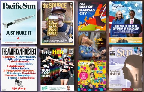 Advertisement, Poster, Publication. Text: PacificSun the SOURCE PLUS Pitch Shepherd BEST OF KANSAS CITY THE BUZZ WHO WILL BE THE NEXT ABOUT GOVERNOR OF WISCONSIN? BEER DUAL ENDORSEMENT JUST NUKE IT NOJ Folk THE AMERICAN PROSPECT City Hub Sun 6 civil rights champions. 3 labor leaders,
