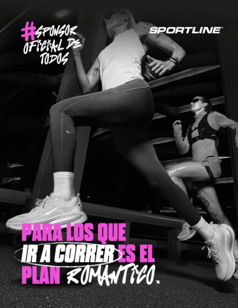 Shoe, Sneaker, Person. Text: SPORTLINE TODOS PARA LOS QUE IR A CORRER ES EL