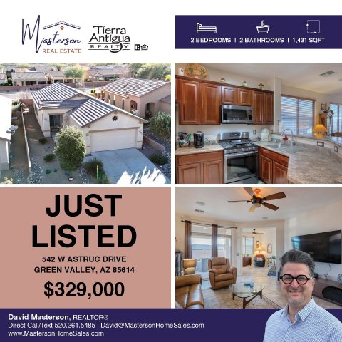Ceiling Fan, Man, Person. Text: Antigua 2 BEDROOMS 2 BATHROOMS 1,431 SQFT Y REAL ESTATE JUST LISTED 542 W ASTRUC DRIVE GREEN VALLEY, AZ 85614 $329,000 Direct Call/Text 520.261.5485 David@MastersonHomeSales.com www.MastersonHomeSales.com