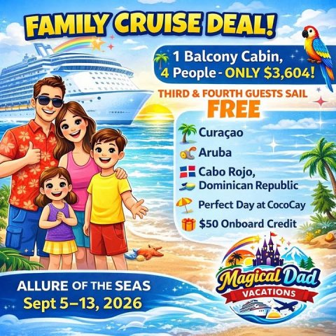 Advertisement, Poster, Person. Text: FAMILY CRUISE DEAL! 1 Balcony Cabin, 4 People-ONLY $3,604! THIRD &amp; FOURTH GUESTS SAIL FREE Curaçao Aruba Cabo Rojo, Dominican Republic Perfect Day at CocoCay $50 Onboard Credit ALLURE OF THE SEAS Magical Dad VACATIONS Sept 5-13, 2026