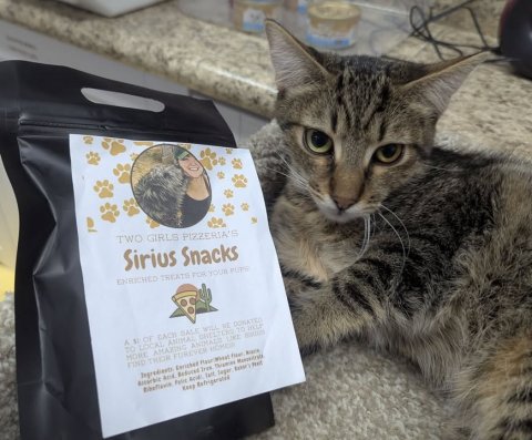 Adult, Person, Woman. Text: TWO GIRLS PIZZERIA'S Sirius Snacks