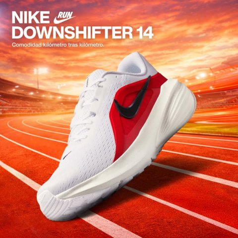Shoe, Sneaker, Advertisement. Text: NIKE RUN DOWNSHIFTER 14 Comodidad kilómetro tras kilómetro.