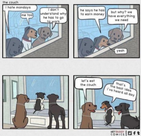 Book, Comics, Publication. Text: the couch he says he has but why? we understand why to earn money me too have everything he has to go we need to work yeah let's eat that's the couch the best idea I've heard all day HEYBUDDY f t COMICS