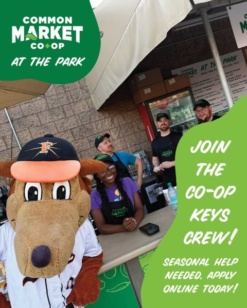 Advertisement, Poster, Toy. Text: COMMON MARKET CO+OP AT THE PARK KET PARK - - - - JOIN THE CO-OP KEYS CREW! SEASONAL HELP NEEDED. APPLY ONLINE TODAY!