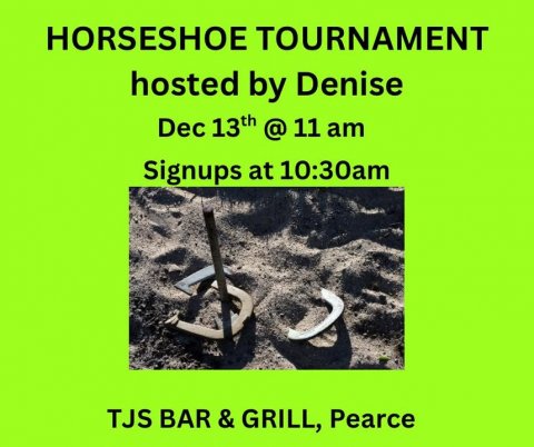 Electronics, Hardware, Horseshoe. Text: HORSESHOE TOURNAMENT hosted by Denise Dec 13th @11 am Signups at 10:30am TJS BAR &amp; GRILL, Pearce