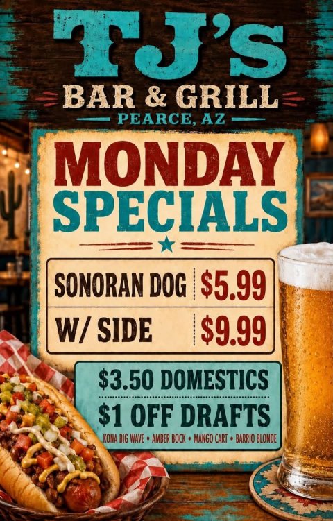 Hot Dog, Advertisement, Cup. Text: BAR &amp; GRILL PEARCE, AZ MONDAY SPECIALS SONORAN DOG $5.99 $9.99 $3.50 DOMESTICS $1 OFF DRAFTS KONA BIG WAVE AMBER BOCK MANGO CART BARRIO BLONDE