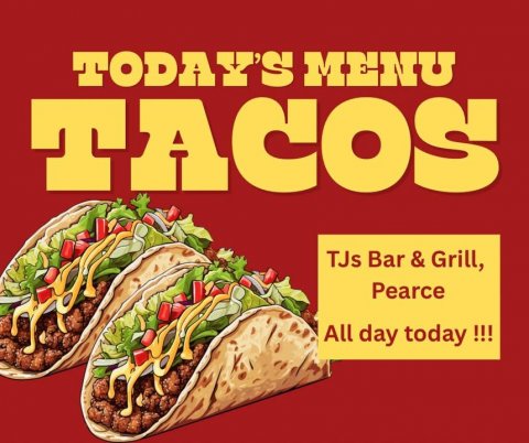 Food, Taco, Advertisement. Text: TACOS Pearce All day today !!!