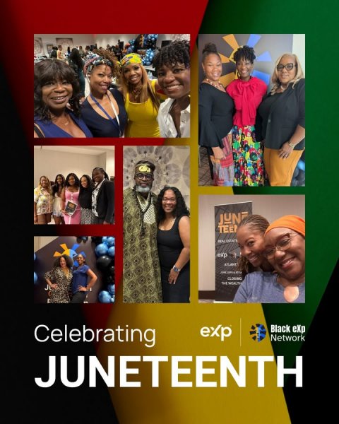 Collage, Person, Woman. Text: JUN exp ATLANT THE HEALTH Celebrating exp Black eXp Network JUNETEENTH