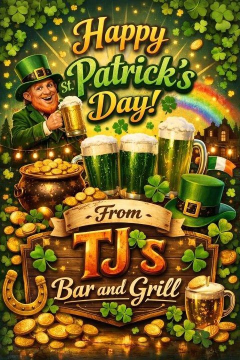 Advertisement, Poster, Cup. Text: Happy St. Patrick's Day! From Bar and Grill